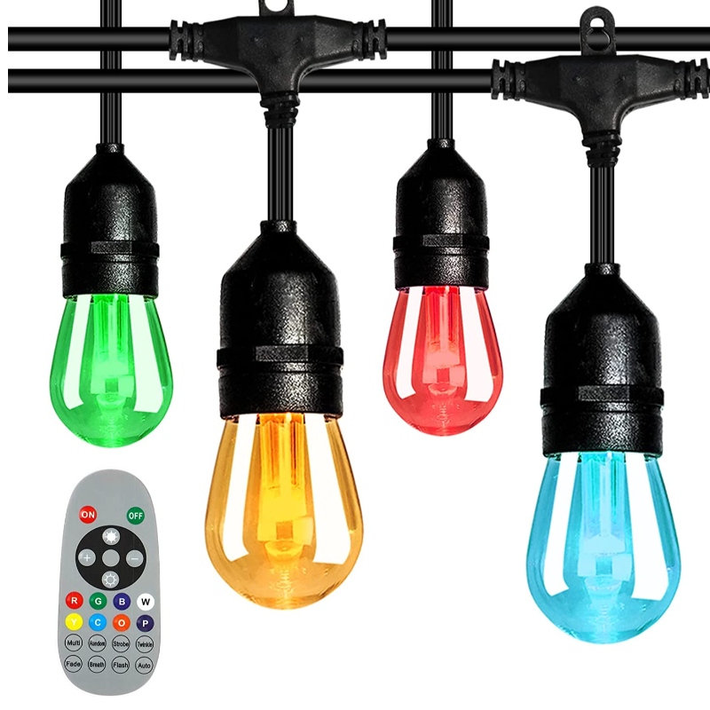 48フィート色の屋外ストリングライトの変化、15個のLED電球粉砕プルーフ調光、IP65防水、RGBWフラッシングストリングライト付きRFリモート、パティオガーデン用の装飾ライト